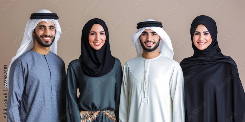 Beautiful arab middle-eastern women with traditional abaya dress and middle easter man wearing kandora in studio - Group of arabic muslim adults portrait in Dubai, United Arab Emirates Beautiful arab middle-eastern women with traditional abaya dress and middle easter man wearing kandora in studio - Group of arabic muslim adults portrait in Dubai, United Arab Emirates