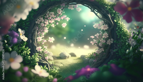 Beautiful enchanted landscape. Fantasy garden background. Magic meadow with spring blooming trees. Round frame with copy space in the middle. Fairy tale banner.
