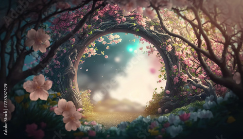 Beautiful enchanted landscape. Fantasy garden background. Magic meadow with spring blooming trees. Round floral frame with copy space in the middle. Fairy tale banner. photo