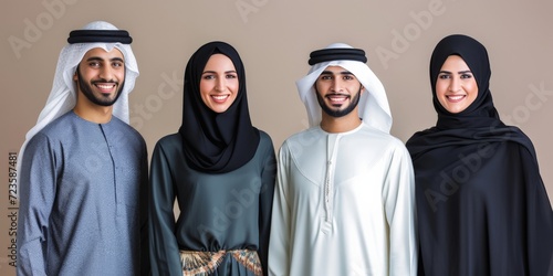 Beautiful arab middle-eastern women with traditional abaya dress and middle easter man wearing kandora in studio - Group of arabic muslim adults portrait in Dubai, United Arab Emirates photo