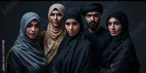 Beautiful arab middle-eastern women with traditional abaya dress and middle easter man wearing kandora in studio - Group of arabic muslim adults portrait in Dubai, United Arab Emirates