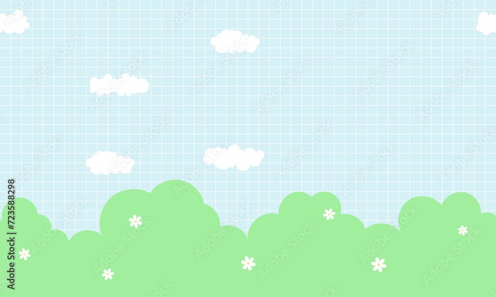 Cute kawaii cloud with grass and grid background animation Cute kawaii cloud with grass and grid background animation