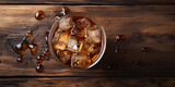 Iced drink in glass on wooden table