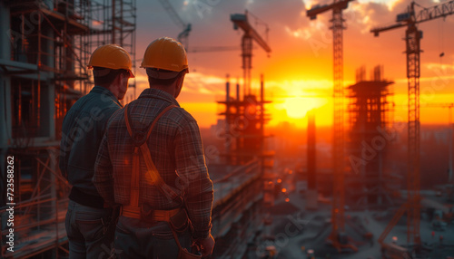 Two construction workers in hard hats holding blueprint and discuss plans against the backdrop of a stunning sunset over an active building site.
