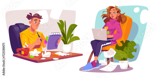 Man and woman book writer or journalist creating story or article with laptop and notebook. Cartoon vector illustration set of female and male copywriter and author during essay creation process. © klyaksun