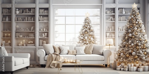 Festive living room with large Christmas tree  toys  garlands  and white sofa.