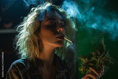 Beautiful Blonde Smoking Weed In A Garden. marijuana bud. grass. hash. joint. hemp bush. leaves for smoking. light drugs. beautiful neon lighting. 4k. beautiful stock image picture