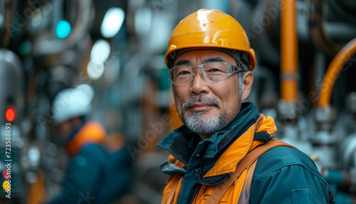 A cheerful industrial worker in safety helmet smiles confidently with his team members blurred in the background.