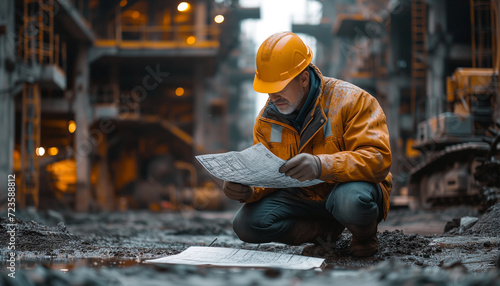 A focused engineer man in a high-visibility orange jacket and safety helmet examines construction blueprints at a busy construction site.