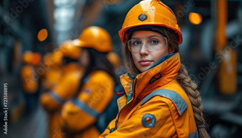 A cheerful industrial female worker in safety helmet confidently with his team members blurred in the background. © feeling lucky