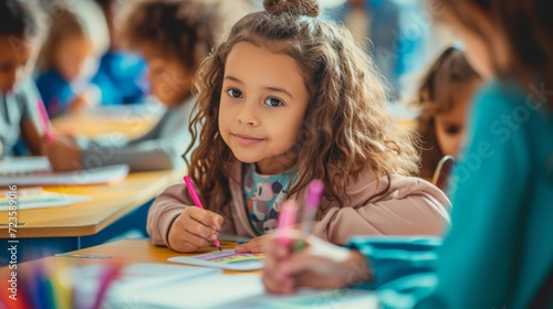 Child pays attention to her school work in class, she is drawing in a colouring book and sitting next to her teacher. Girl participating in an elementary school class.