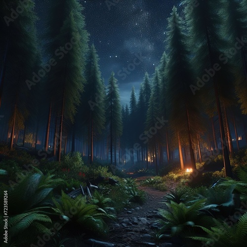 Forest at Night with stars and enchanting wallpaper background