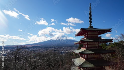 Timelapse of moving clouds with Mt. Fuji and Chureito Pagoda in winter photo