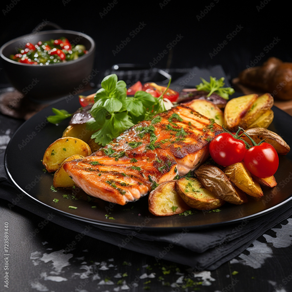 Grilled salmon fillet with fried potatoes, lime and vegetable salad served on a black plate on a wooden table Grilled salmon fillet with fried potatoes, lime and vegetable salad served on a black plate on a wooden table