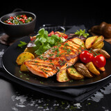 Grilled salmon fillet with fried potatoes, lime and vegetable salad served on a black plate on a wooden table