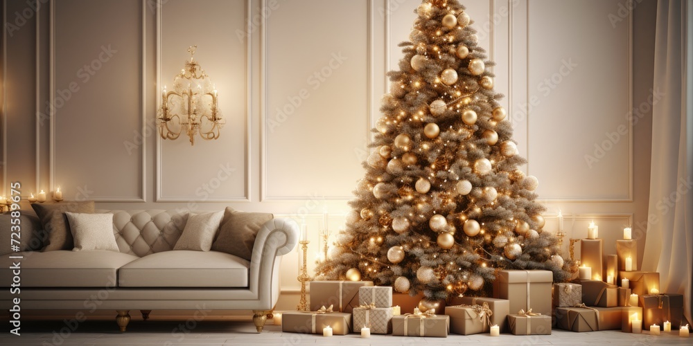 Decorated Christmas tree with gifts and candles in a hall room. Large snow tree with lights and balls in beige, brown, gold, and silver colors in the lounge.