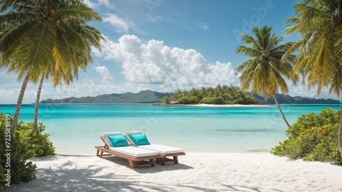 Beach with palm trees and sun loungers landscape view