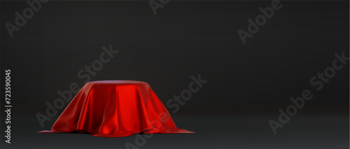 Round podium covered with red fabric curtain with folds and wrinkles. Realistic vector illustration of platform or product stand under silk cloth drapery. Presentation display hidden in waved blanket.