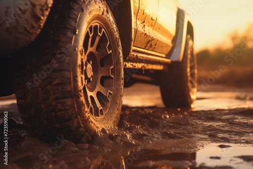 Muddy off-road tire close-up, adventure in every detail. © Geethma