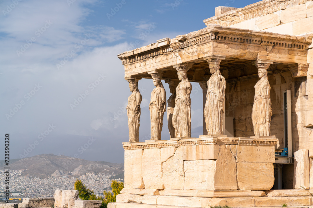 Caryatid porch of the Erechtheion temple in Acropolis of Athens