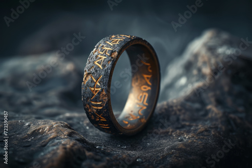 Ancient ring with runes. Ai generated. photo