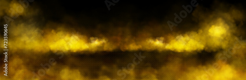 Cloud of yellow smoke on black background. Vector realistic illustration of golden color dust overlay effect, transparent smoky mist texture, toxic chemical smog, nightclub party steam, light haze