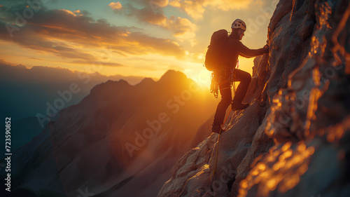 A climber equipped with a helmet and gear is scaling a steep cliff face against the dramatic backdrop of a mountain sunset. 