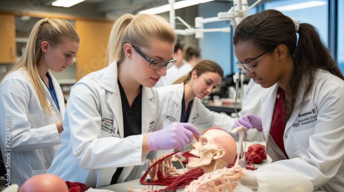 Group Of Dental Students Working On Practice Dummies In Laboratory.