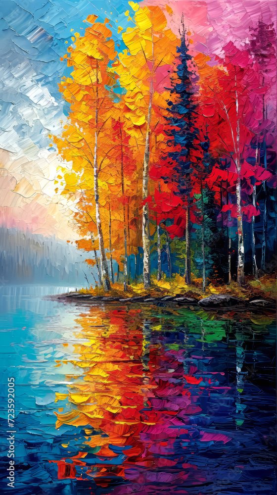 Naklejka premium Original oil painting on canvas of autumn landscape with colorful trees and lake.