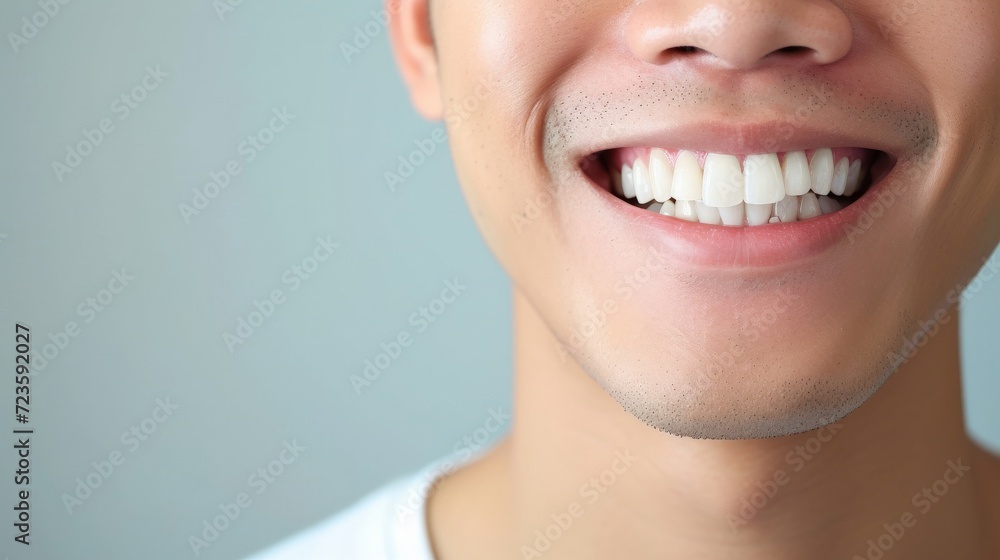 Cropped shot of a young Asian smiling man. Teeth whitening. Dentistry, dental treatment. Cropped shot of a young Asian smiling man. Teeth whitening. Dentistry, dental treatment.