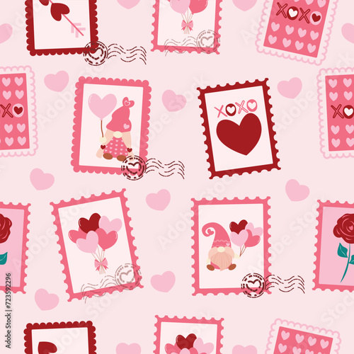 pink valentines heart love with gnomes stamps seamless pattern vector for invitation greeting birthday party celebration wedding card poster banner textiles wallpaper paper wrap background 