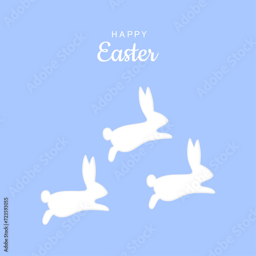 Easter background. Greeting card invitation. White Easter bunny and Happy Easter text on a blue background. Vector flat illustration. A bright post for the social network. Easter rabbit.