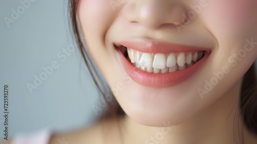 Cropped shot of a young Asian smiling woman. Teeth whitening. Dentistry, dental treatment.