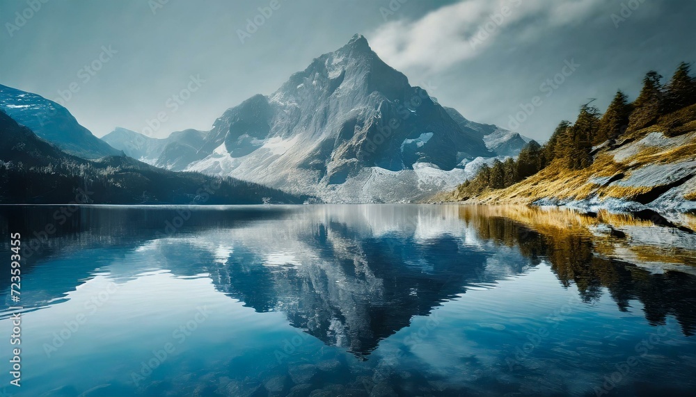 Mountain Reflections: A Serene Lake Mirrors Majestic Peaks, Creating a Tranquil Scene of Reflective Beauty. Generative AI.