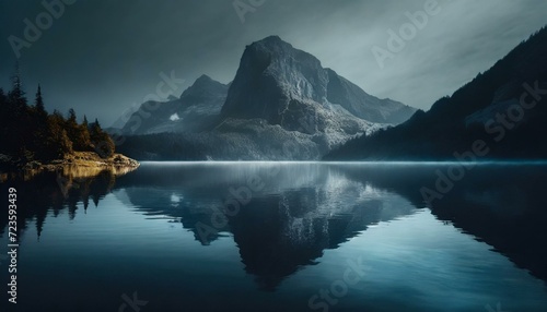 Mountain Reflections: A Serene Lake Mirrors Majestic Peaks, Creating a Tranquil Scene of Reflective Beauty. Generative AI.