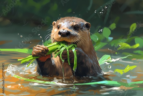 otter hunting fish in the river photo