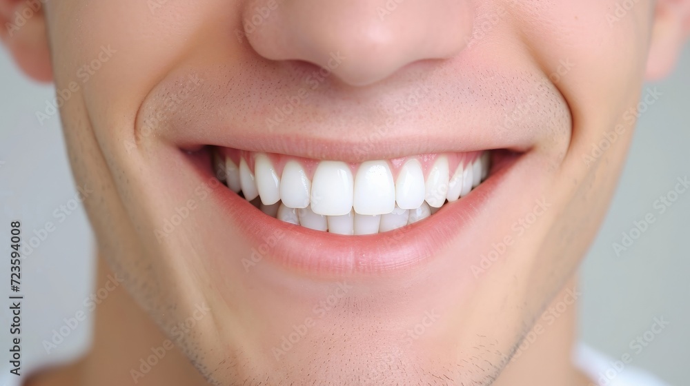 Obraz premium Cropped shot of a young Caucasian smiling man. Teeth whitening. Dentistry, dental treatment