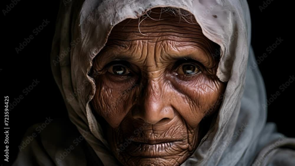 An elderly Rohingya woman in her traditional attire, her face bears the telltale signs of age and strife together. Her tired eyes, however, burn bright with an unwavering hope, symbolic An elderly Rohingya woman in her traditional attire, her face bears the telltale signs of age and strife together. Her tired eyes, however, burn bright with an unwavering hope, symbolic