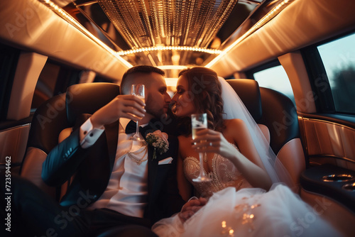 Elegant Newlyweds Toasting Champagne in Luxury Car