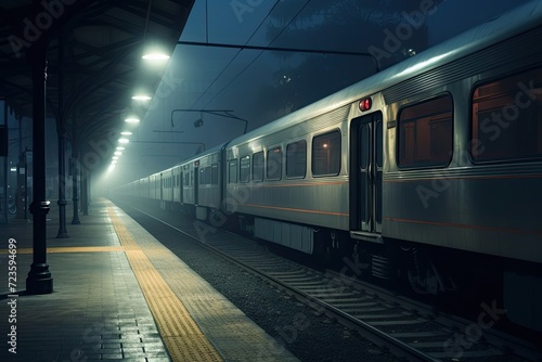 Mysterious and atmospheric train station covered in fog and mist