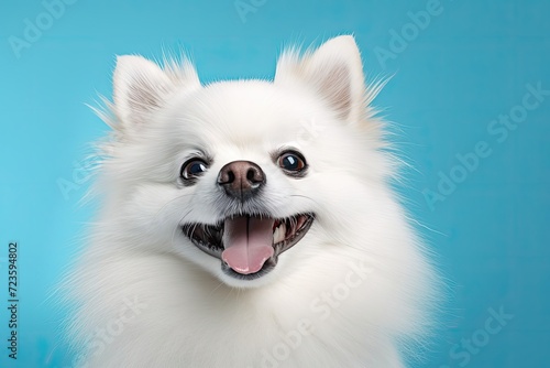Charming White Spitz with Bright Smile on Light Blue Background