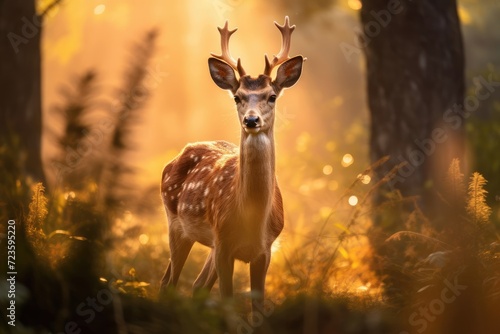 Peaceful deer in tall grass, bathed in sun rays against forest backdrop © Александр Раптовый