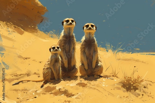 small meerkat family sitting on the san photo