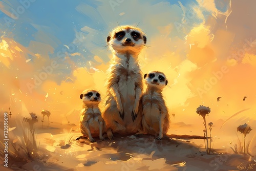 small meerkat family sitting on the san photo