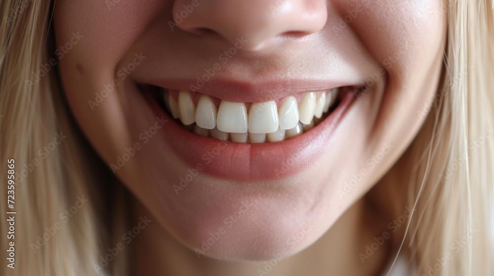 Fototapeta premium Cropped shot of a young Caucasian smiling woman. Teeth whitening. Dentistry, dental treatment.