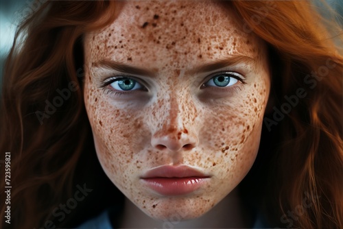 Close-up Portrait of Woman with Bright Blue Eyes and Freckles in Studio Lighting