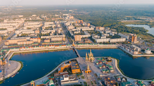 Yoshkar-Ola  Russia. City center during sunset. Embankment of the river Malaya Kokshaga  Aerial View