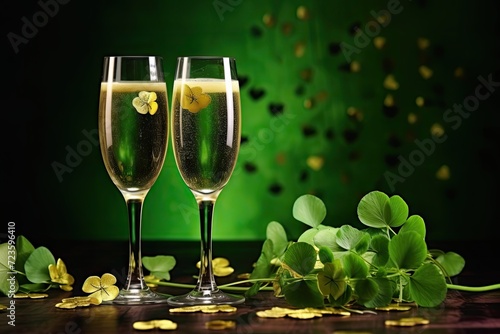 A pair of champagne flutes with a shamrock decoration