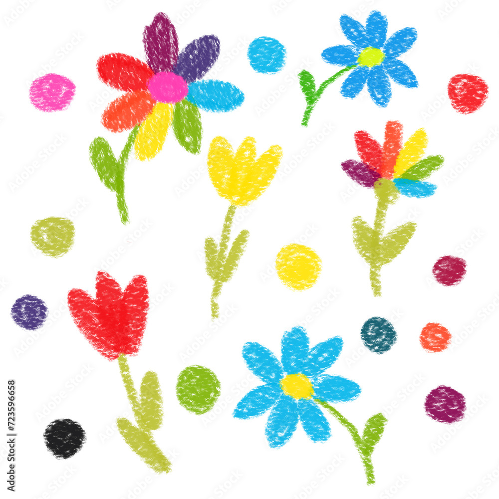 Hand-drawn flowers and dots. White background. Rainbow daisy. Red tulip. For textiles and fabric
