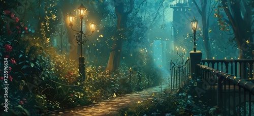 Enchanted forest pathway with glowing lanterns and magical ambiance. Fantasy and mystery. © Postproduction